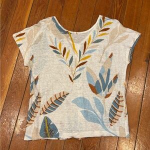 Cynthia Rowley Linen Capsleeve T-Shirt Top Button Up Back Botanical Size M